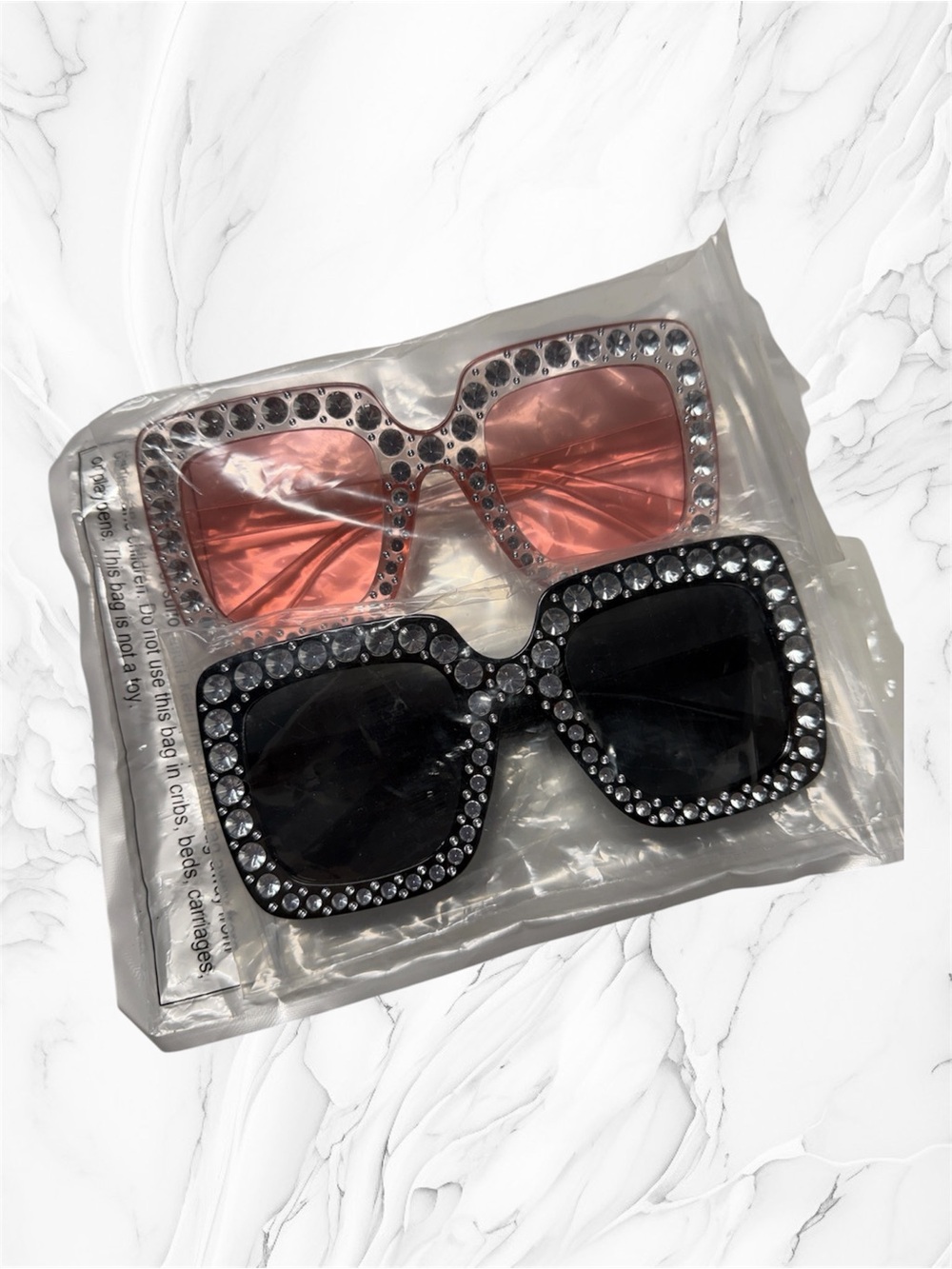 Statement Rhinestone Square Frame Sunglasses - Black and Pink set
